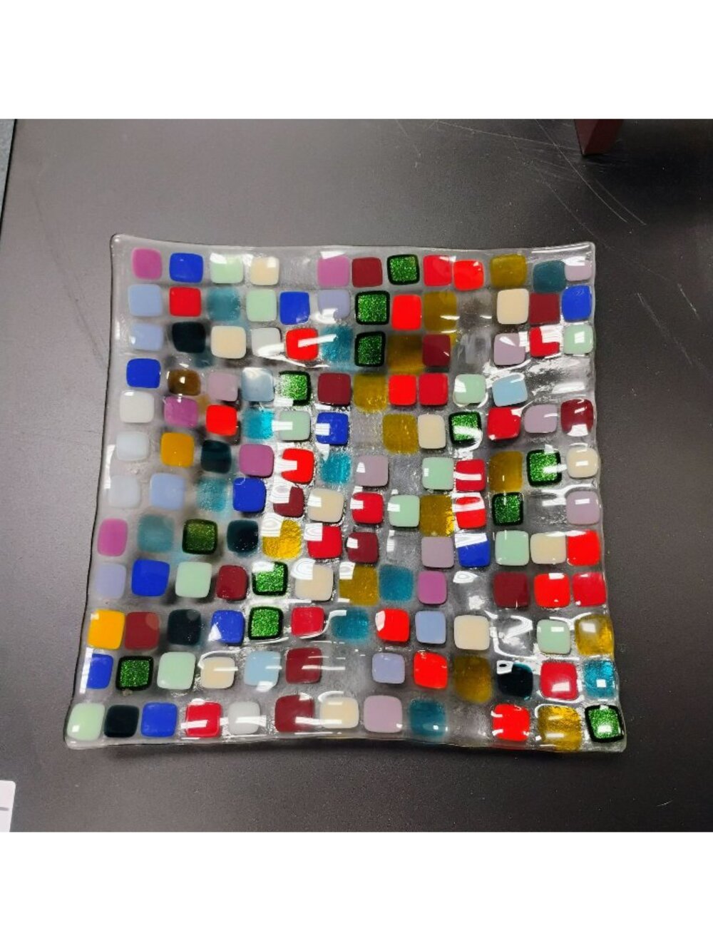 Handmade Fused Glass 10” Square Mosaic Rainbow Patchwork Platter Art Plate Dish